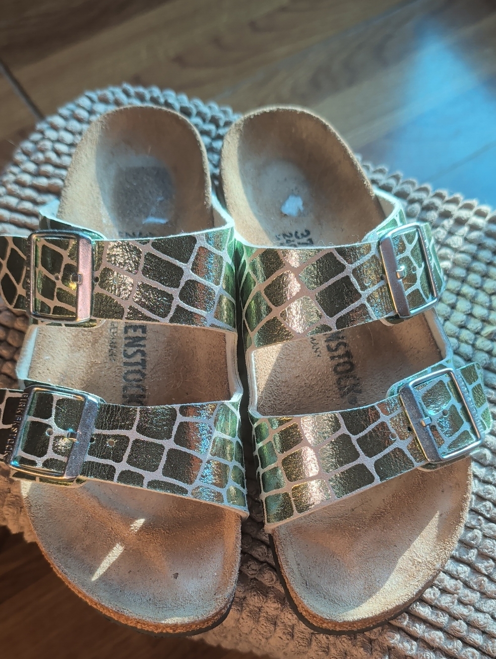 Birkenstock Metallic Green Croc-Embossed Two-Strap Sandals